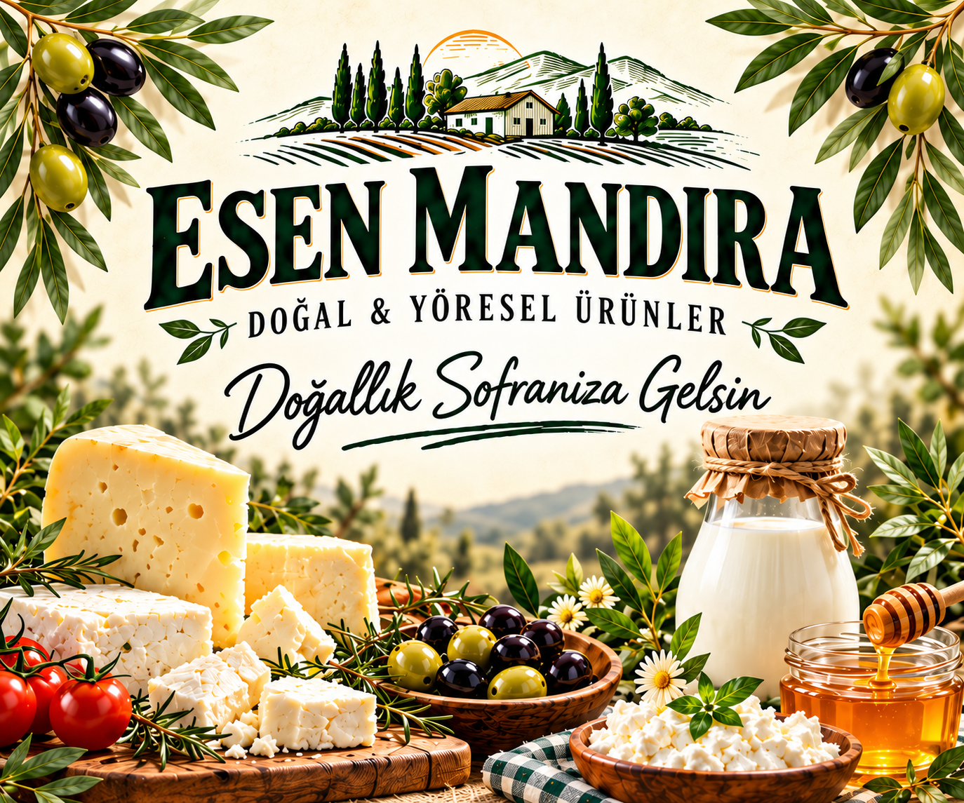 Doğallık Sofranıza Gelsin. Peynir, süt, zeytin ve bal ile Esen Mandıra.